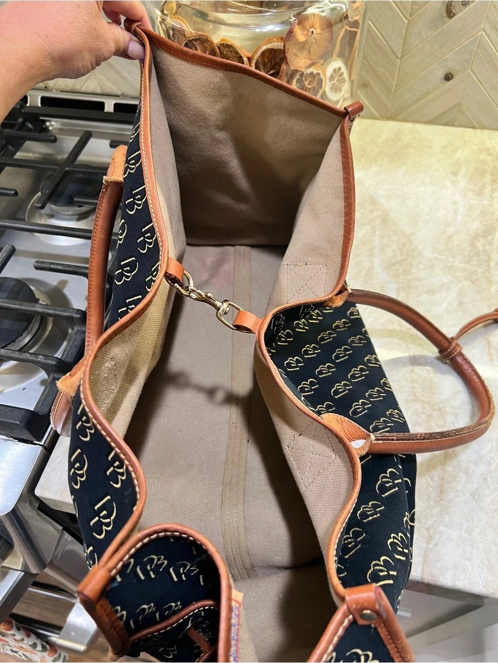 XL Dooney & Bourke Black Weekender Brown Leather Trim and Gold Monogram